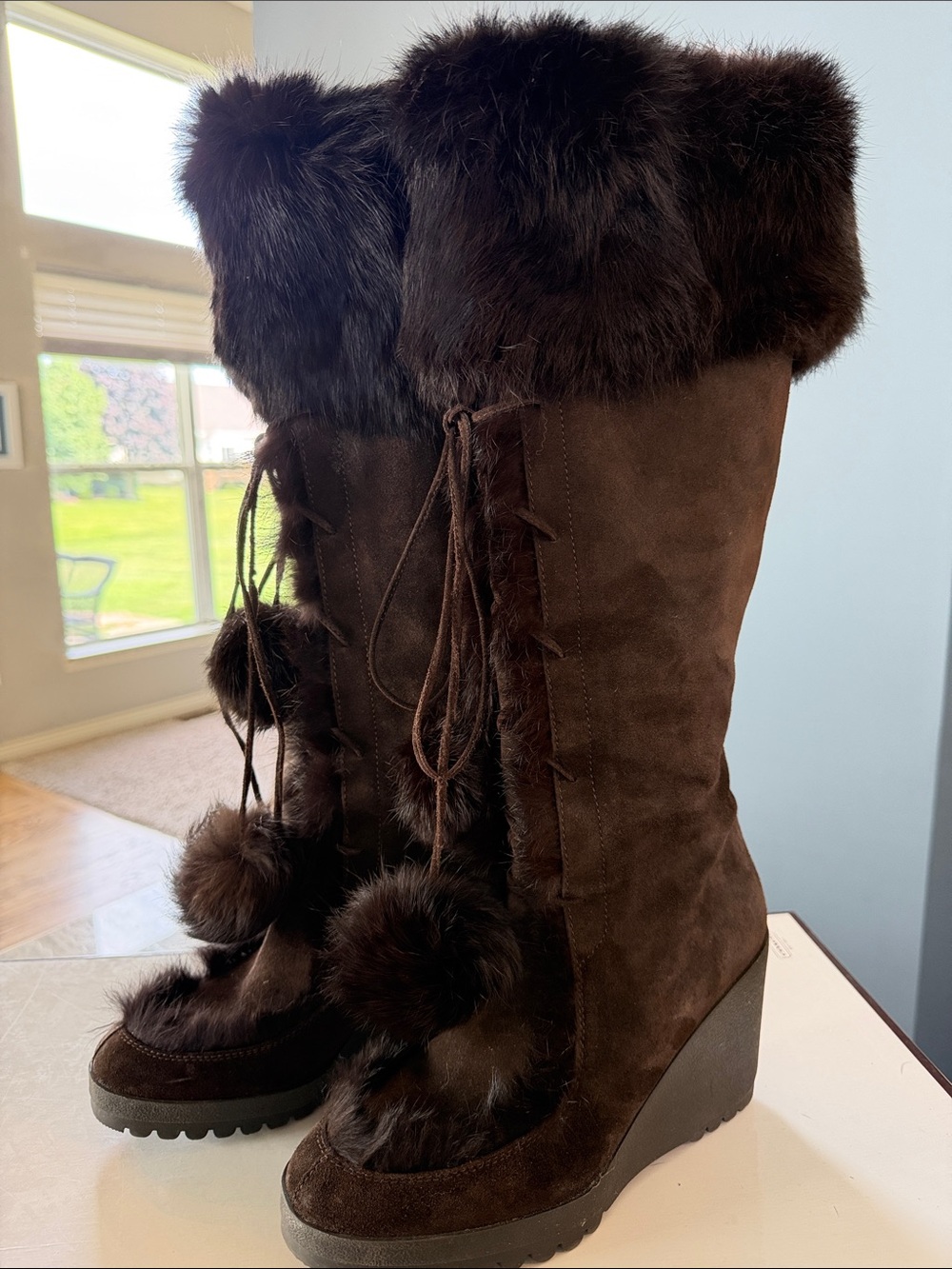 COACH Karita Dark Brown Suede & Genuine Rabbit Fur Knee-High Boots-Size 8.5 - Picture 2 of 11